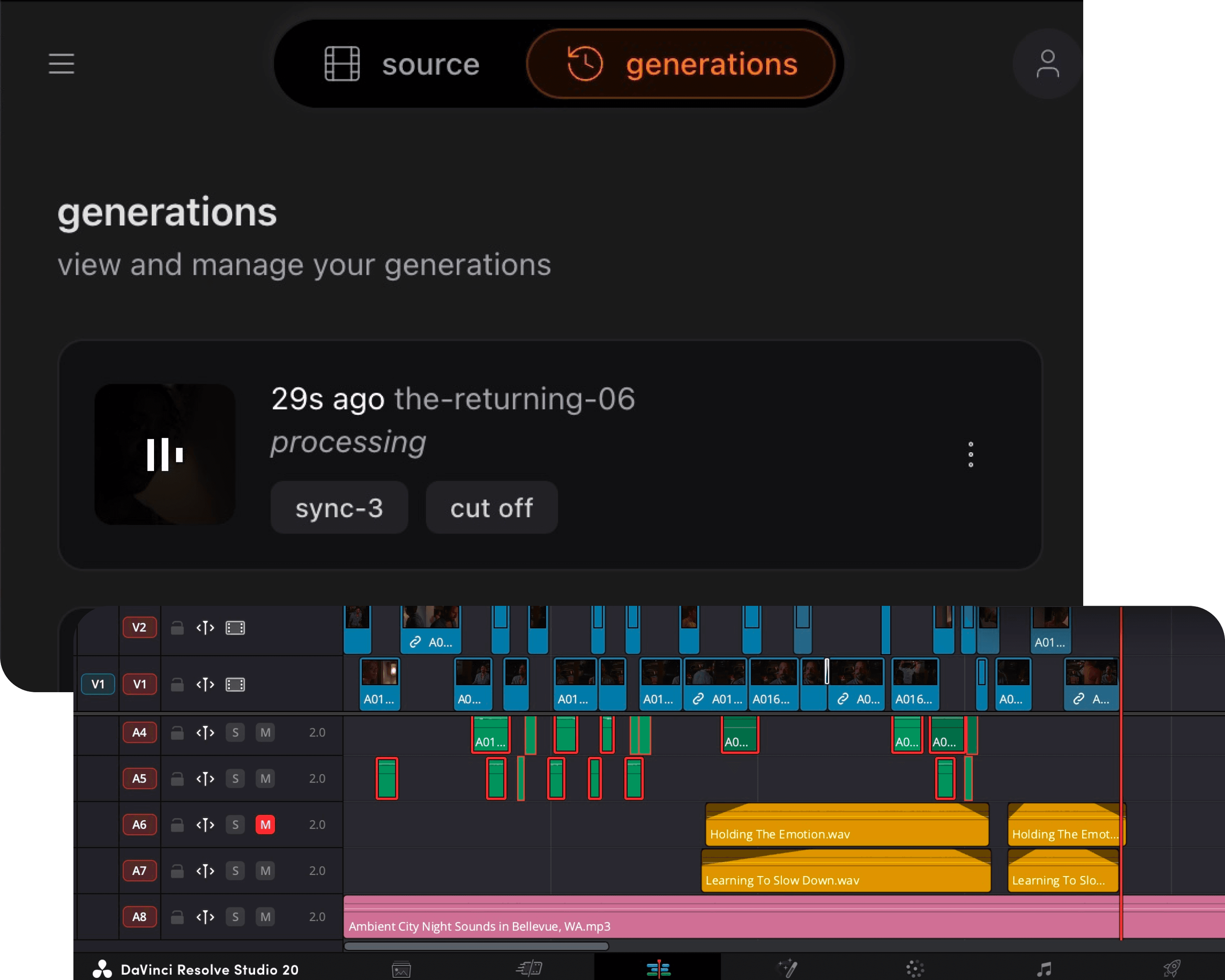 lip sync result dropped back onto the davinci resolve timeline