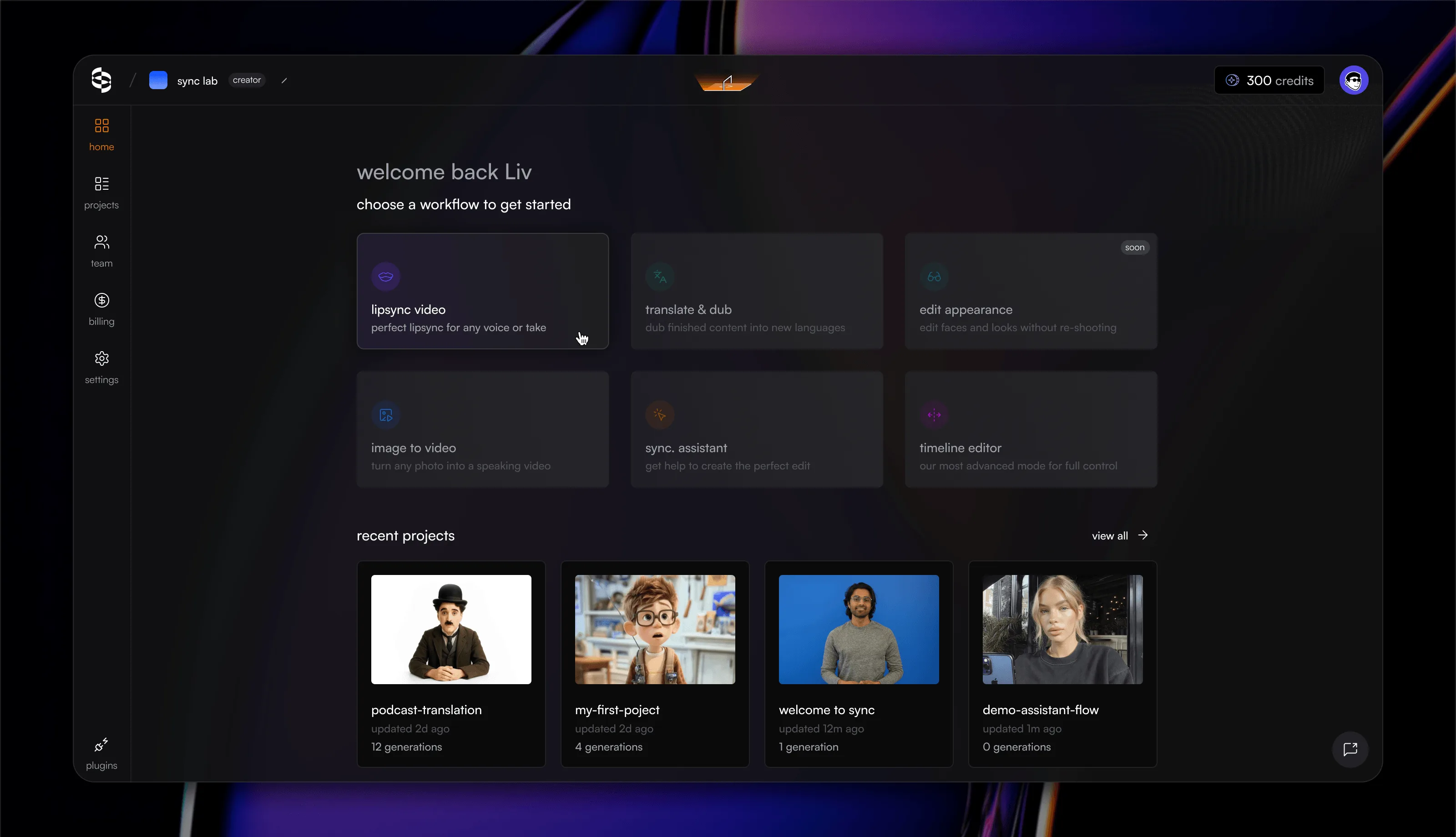The sync. labs dashboard with workflow cards for lip sync, translate and dub, image to video, sync. assistant, and the timeline editor