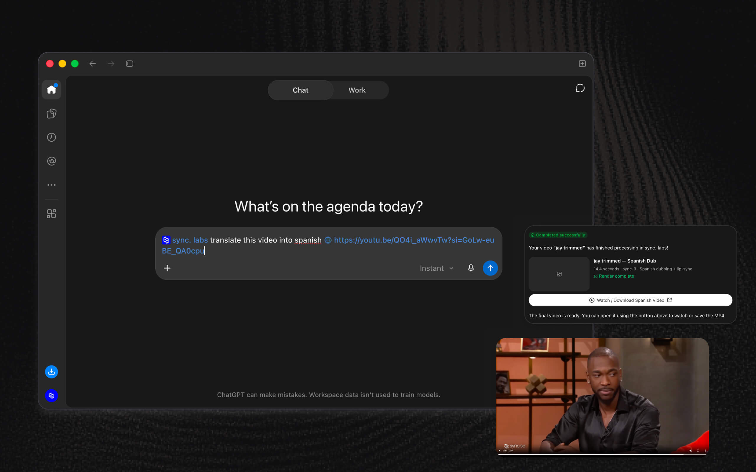 The sync. labs plugin in ChatGPT showing a request to translate a video into Spanish, a completed dubbing result, and a video preview.
