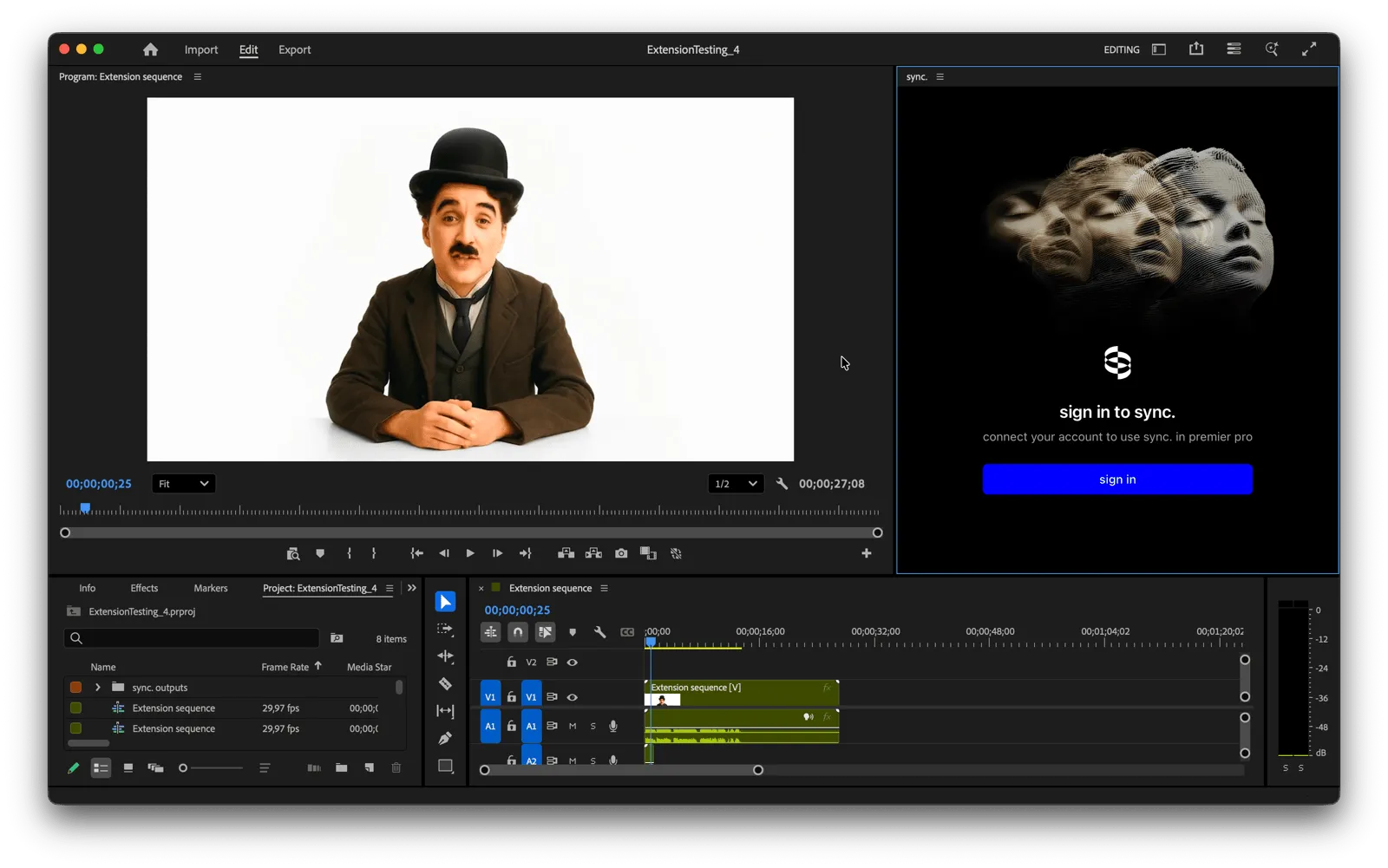 Sync Labs plugin panel docked in Adobe Premiere with sign-in