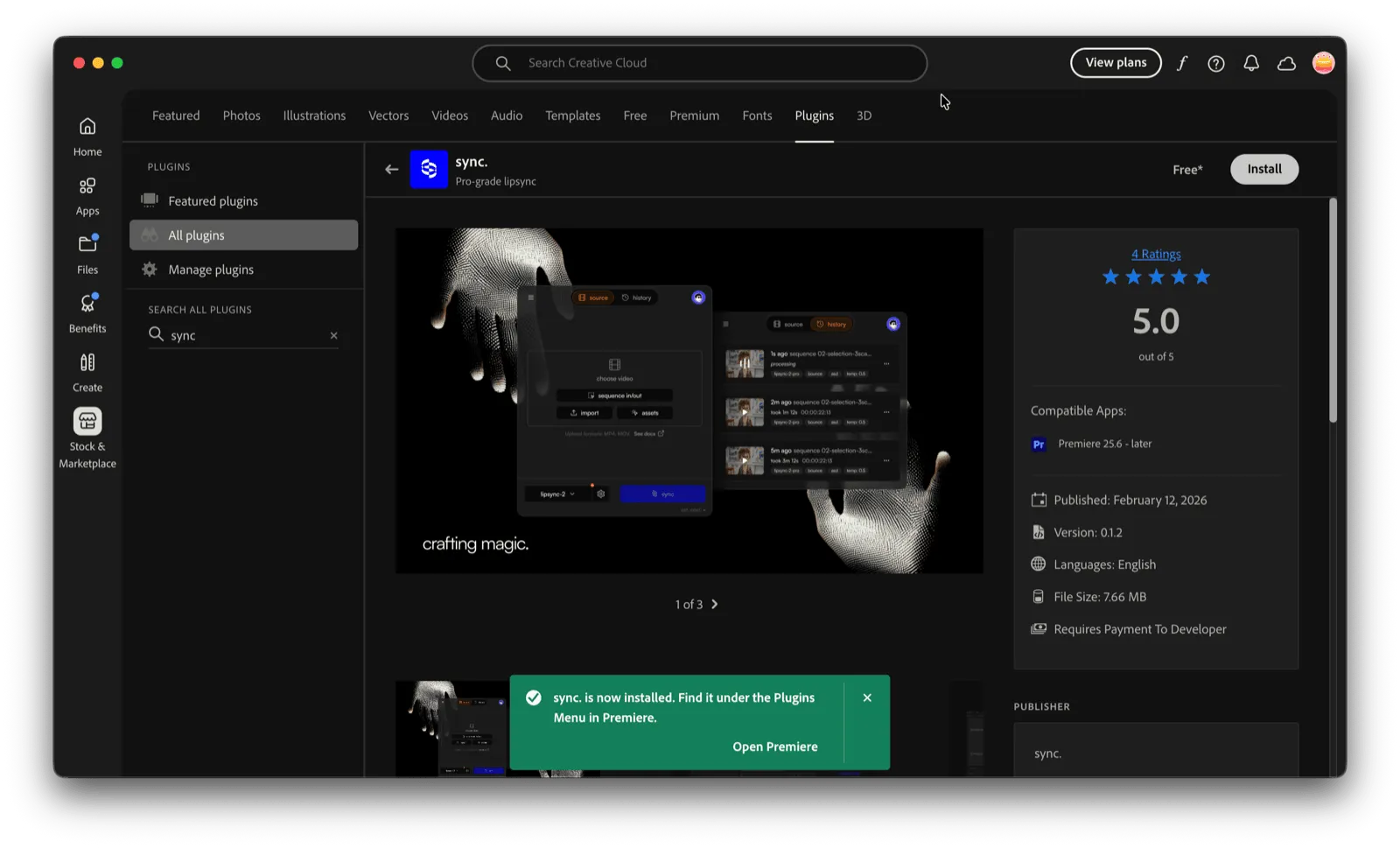 Sync Labs plugin listing on the Adobe Marketplace