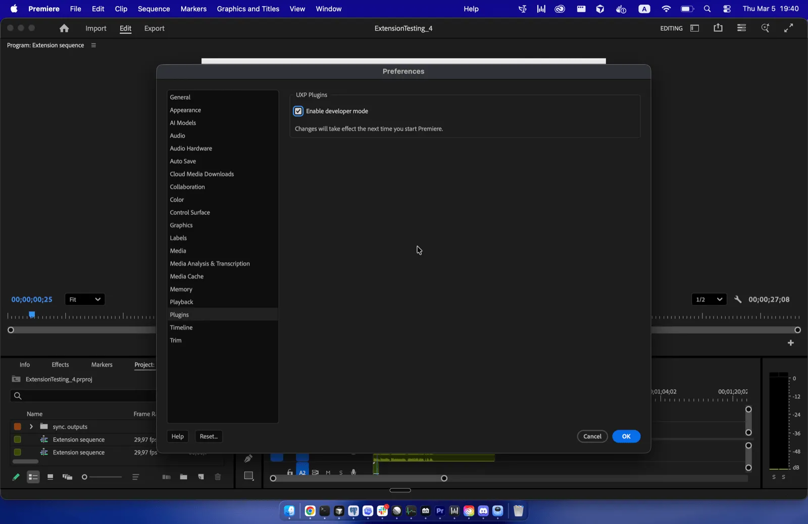 Plugins settings panel with the load plugins option enabled