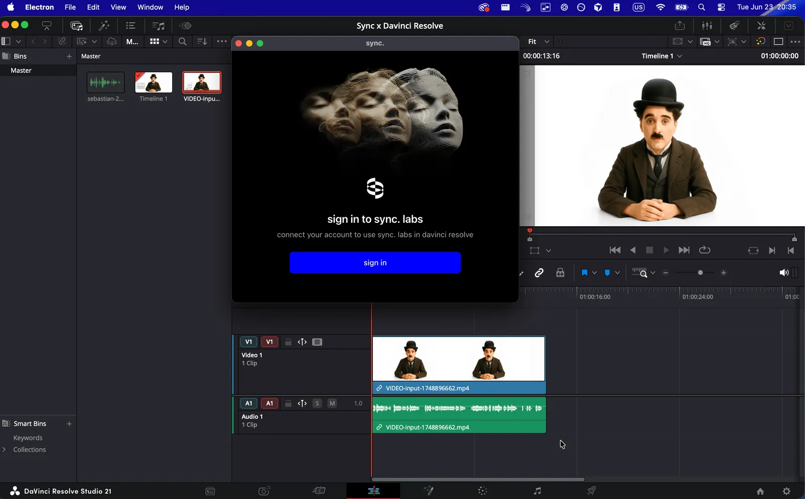 Dashboard de plug-in Sync Labs em DaVinci Resolve com login