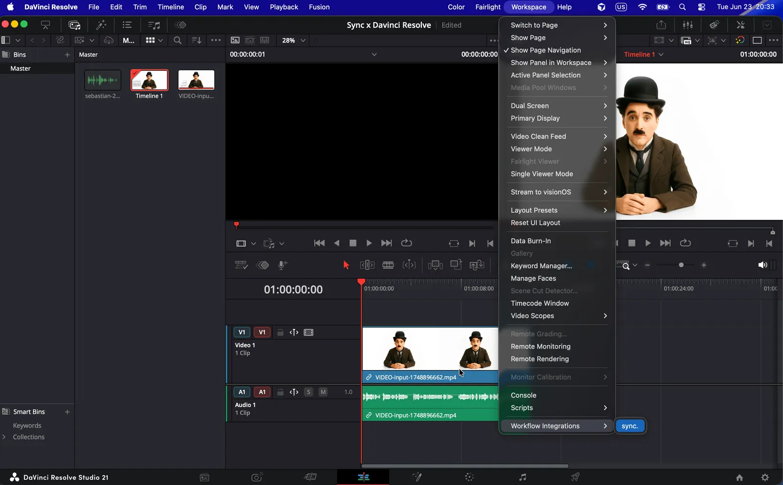 Espaço de trabalho > Integrações de fluxo de trabalho > sincronização. menu em DaVinci Resolve